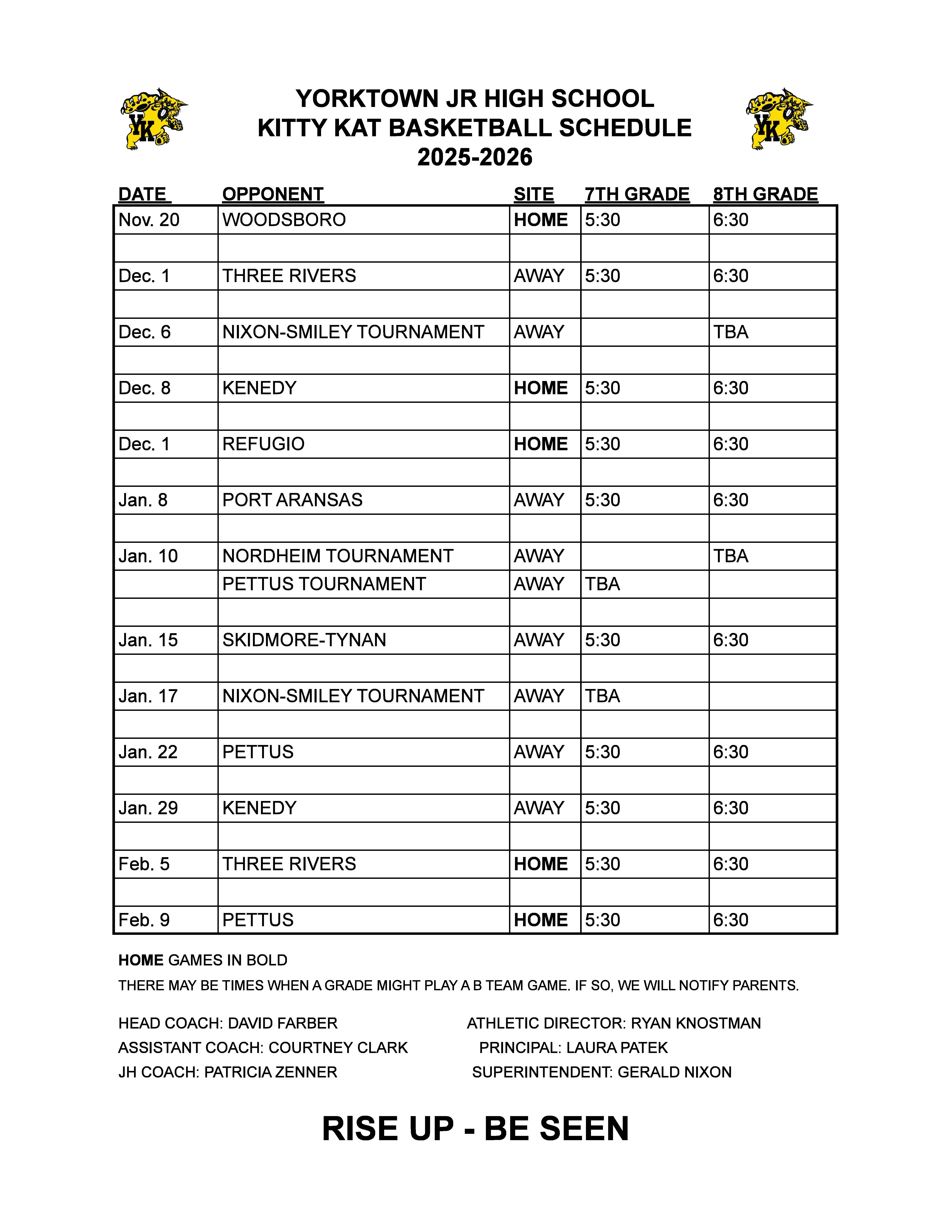 JH Kitty Kat Basketball Schedule